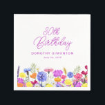 30th Birthday Party Purple Wildflower Custom Napkins<br><div class="desc">A pretty watercolor wildflower border decorates the bottom of this 30th birthday party custom cocktail napkin. The colorful wildflowers are perfect for a spring or summer birthday party. The birthday celebrant's name and birthday follow. All text is editable.</div>