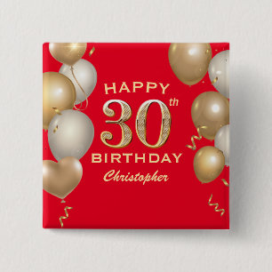 30th Birthday Party Red and Gold Balloons Button