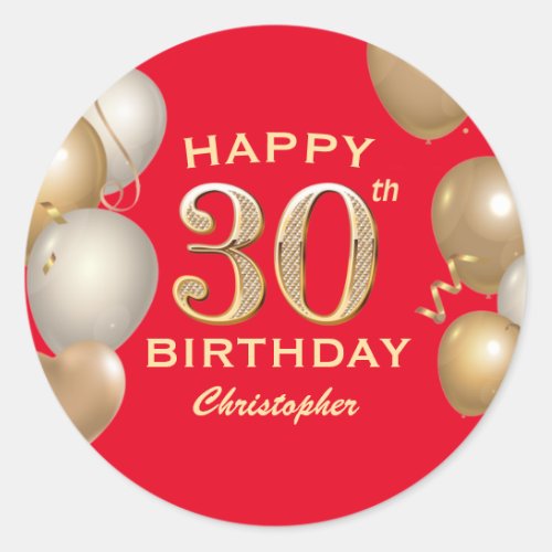 30th Birthday Party Red and Gold Balloons Classic Round Sticker