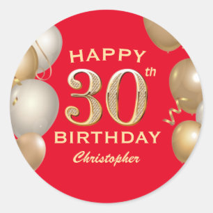 30th Birthday Party Red and Gold Balloons Classic Round Sticker