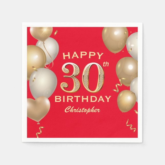 30th Birthday Party Red and Gold Balloons Napkins (Front)