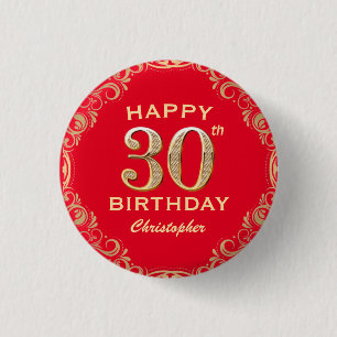 30th Birthday Party Red and Gold Glitter Frame Button