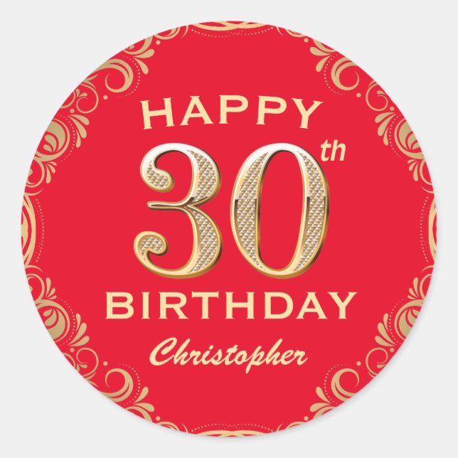 30th Birthday Party Red and Gold Glitter Frame Classic Round Sticker (Front)