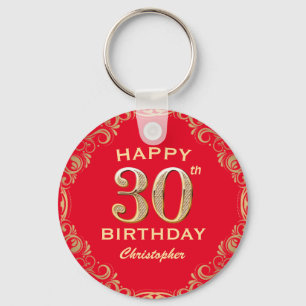 30th Birthday Party Red and Gold Glitter Frame Keychain