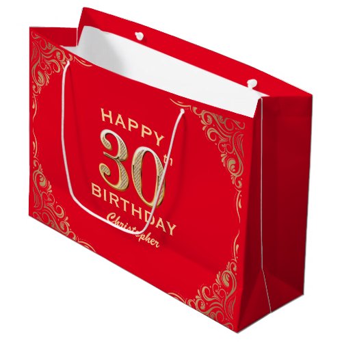 30th Birthday Party Red and Gold Glitter Frame Large Gift Bag