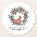 30th Birthday Party Red Cardinal Wreath Custom Paper Coaster<br><div class="desc">Elegant watercolor red cardinal framed by a classic winter pine wreath. Red and white flowers,  berries and pinecones add to the greenery. Three lines of text let you customize your party supplies.</div>