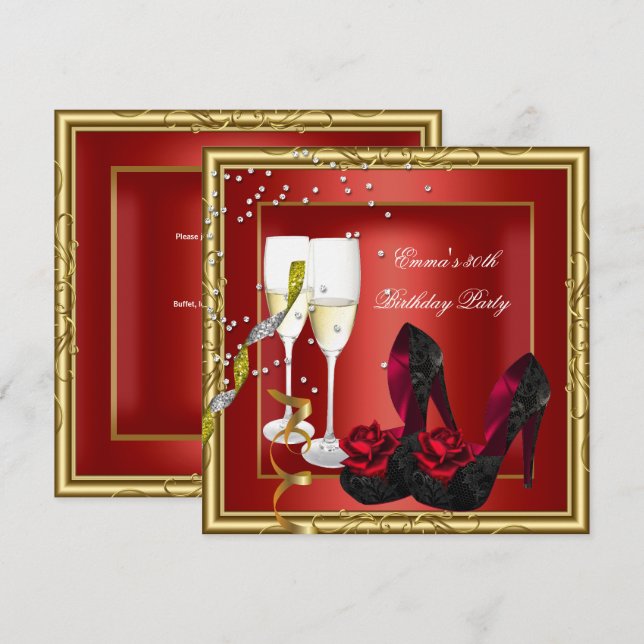 30th Birthday Party Red Gold Black Invitation (Front/Back)