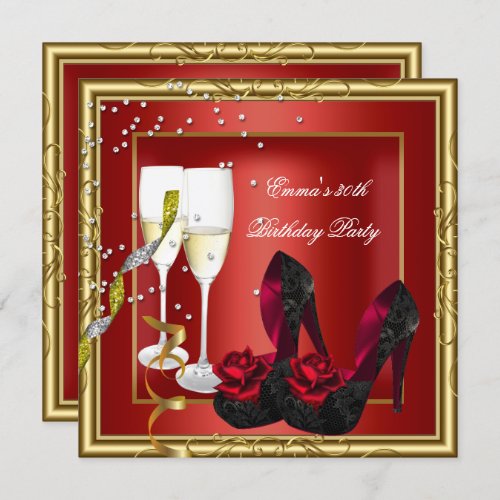 30th Birthday Party Red Gold Black Invitation