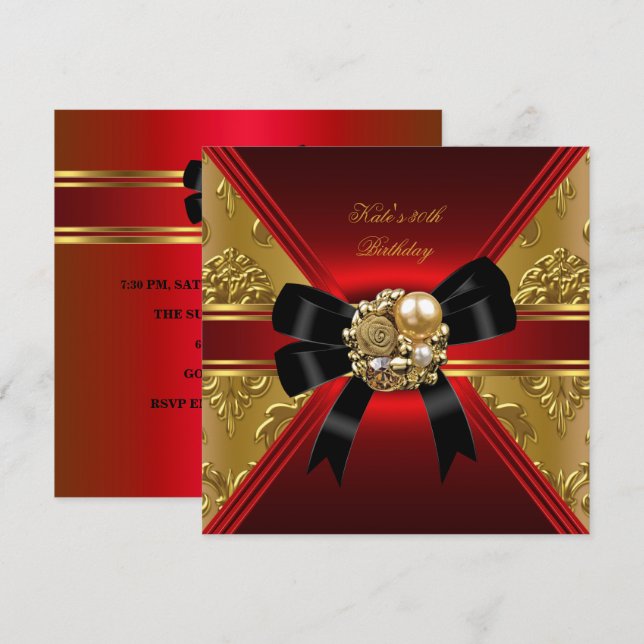 30th Birthday Party Red Gold Rich Royal Black Invitation (Front/Back)