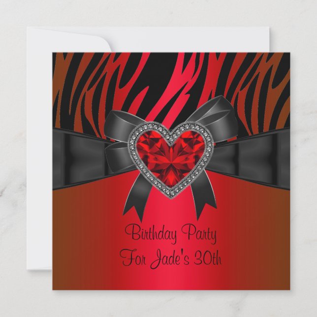 30th Birthday Party Red Heart Jewel Zebra Invitation (Front)