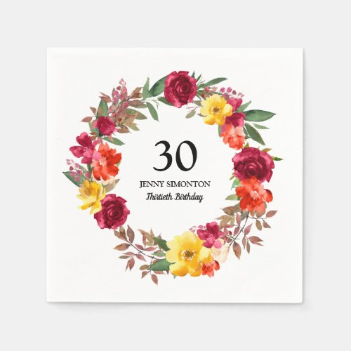 30th Birthday Party Red Orange Yellow Fall Floral Napkins