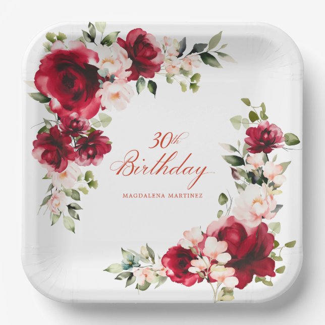 30th Birthday Party Red Pink Floral Custom Paper Plates (Front)