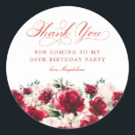 30th Birthday Party Red Pink Floral Thank You Classic Round Sticker<br><div class="desc">Add a special touch to your 30th birthday party favors with this elegant round thank you sticker. It features a watercolor red rose and pink peony floral border along the bottom. Dark green leaves give it a rustic botanical vibe. Thank you is written in a beautiful classic script. Two lines...</div>