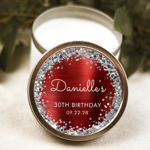 30th Birthday Party Red Silver Glitter Classic Round Sticker