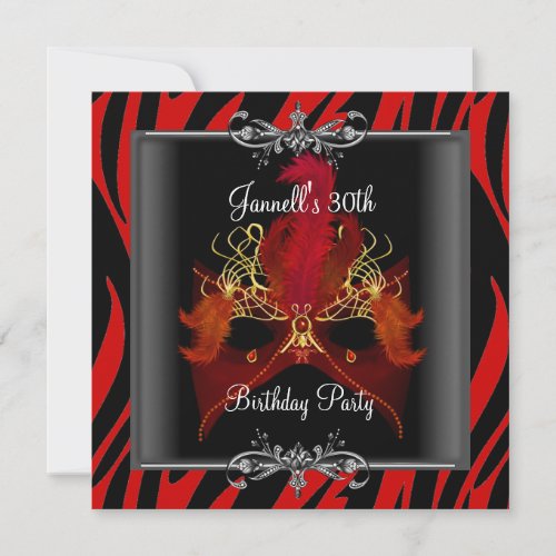 30th Birthday Party Red Zebra Black Mask Invitation