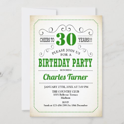 30th Birthday Party _ Retro Creamy White and Green Invitation