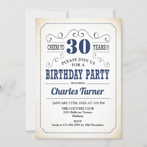 30th Birthday Party _ Retro Creamy White and Navy Invitation