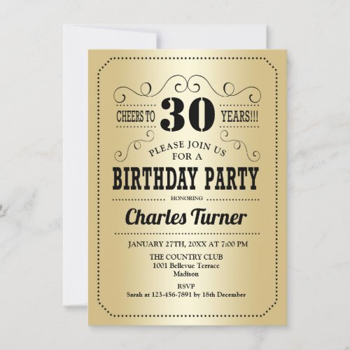 30th Birthday Party _ Retro Gold Black Invitation