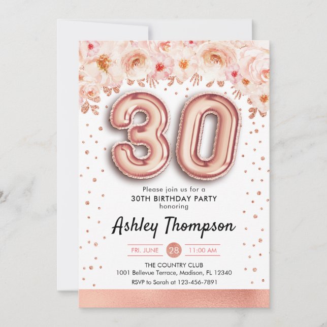 30th Birthday Party - Rose Gold Balloons Invitation (Front)