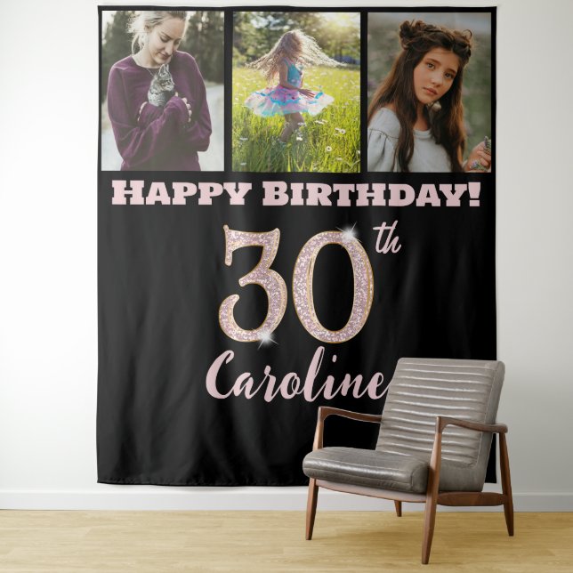 30th Birthday Party, Rose Gold Glitter & 3 photos Tapestry (In Situ)