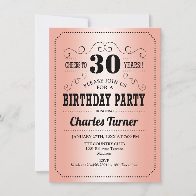30th Birthday Party - Rose Gold Invitation (Front)