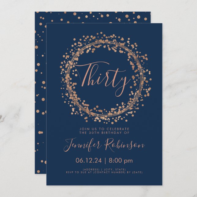 30th Birthday Party Rose Gold Navy Confetti Invitation (Front/Back)