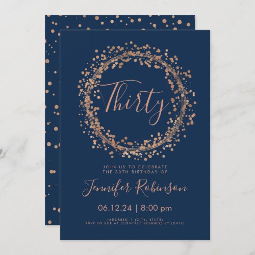 30th Birthday Party Rose Gold Navy Confetti Invitation