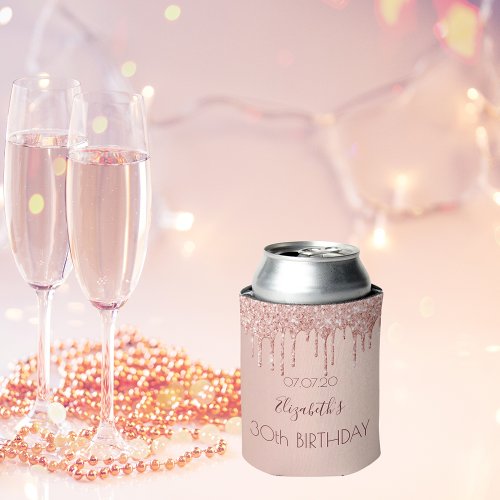 30th birthday party rose gold pink glitter 30 glam can cooler