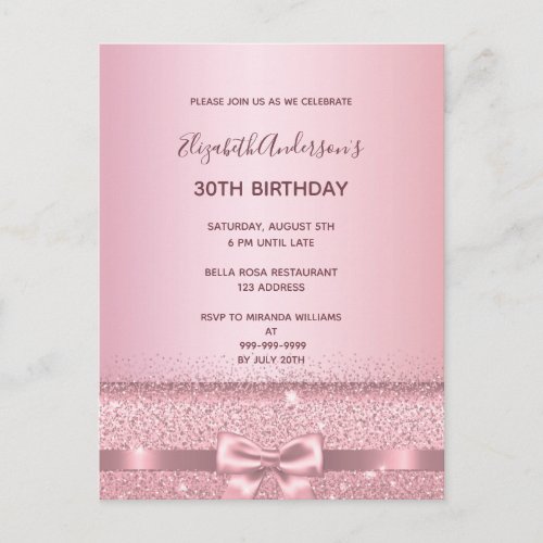 30th birthday party rose gold sparkle invitation postcard