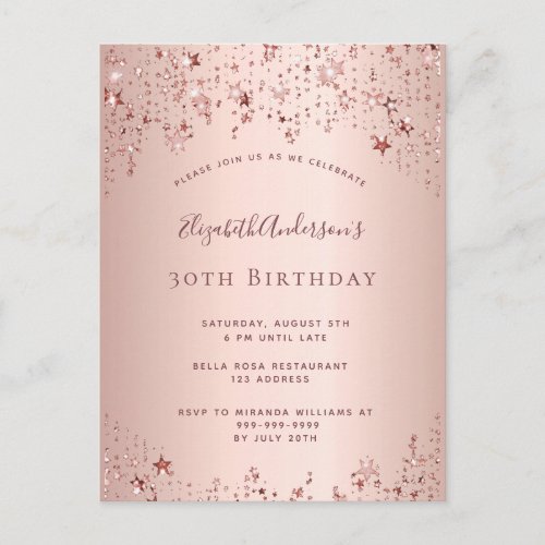 30th birthday party rose gold stars invitation postcard