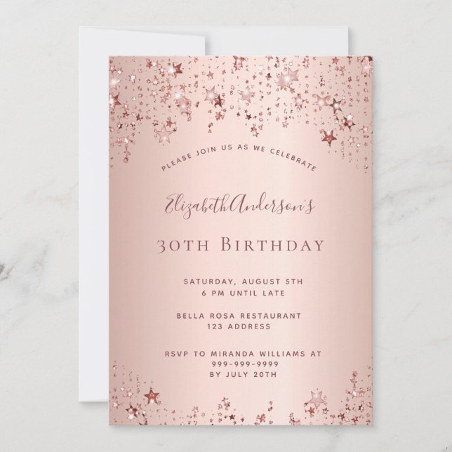30th birthday party rose gold stars sprinkle invitation (Front)