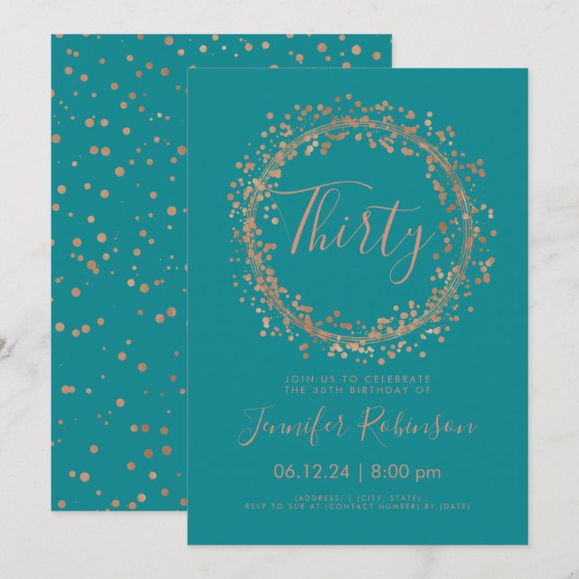 30th Birthday Party Rose Gold Teal Confetti Invitation (Front/Back)