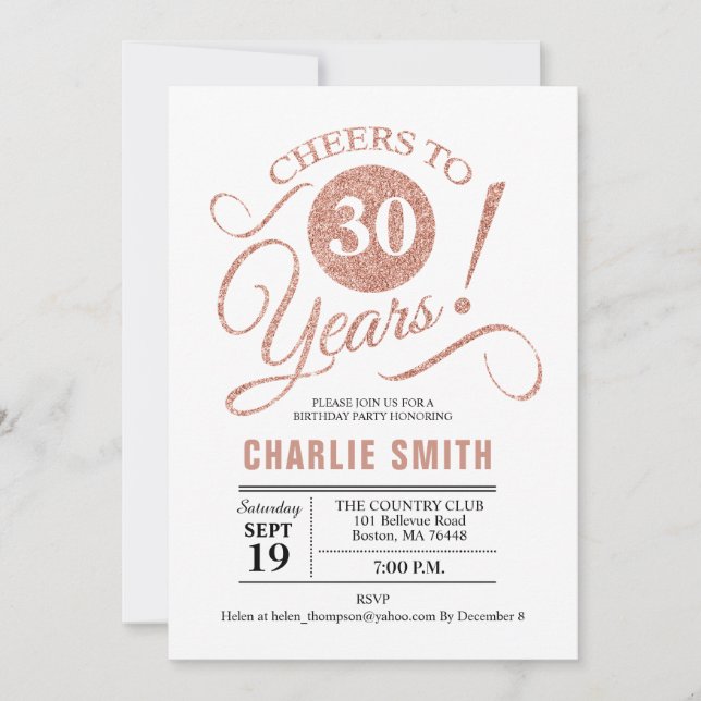 30th Birthday Party - Rose Gold White Invitation (Front)