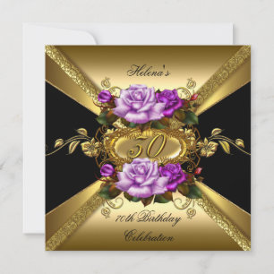30th Birthday Party Roses Purple Gold Black Invitation