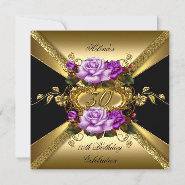 30th Birthday Party Roses Purple Gold Black Invitation (Front)