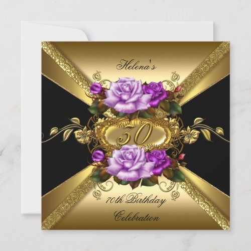 30th Birthday Party Roses Purple Gold Black Invitation