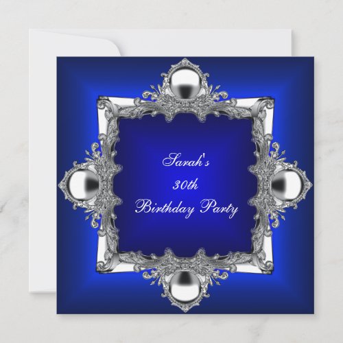 30th Birthday Party Royal Blue Silver Chrome Invite