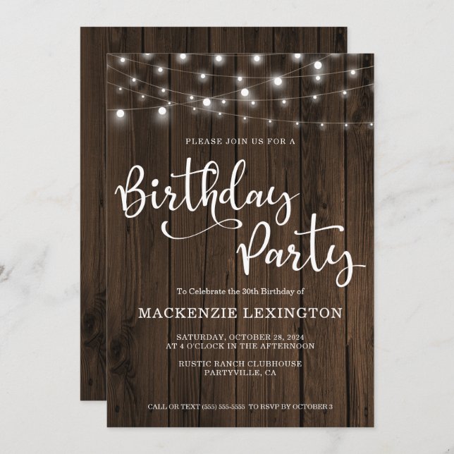 30th Birthday Party Rustic String Lights Wood Invitation (Front/Back)