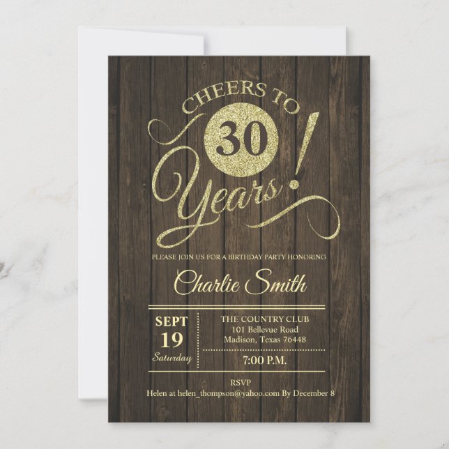 30th Birthday Party - Rustic Wood Gold Invitation (Front)