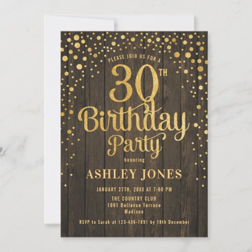 30th Birthday Party _ Rustic Wood  Gold Invitation