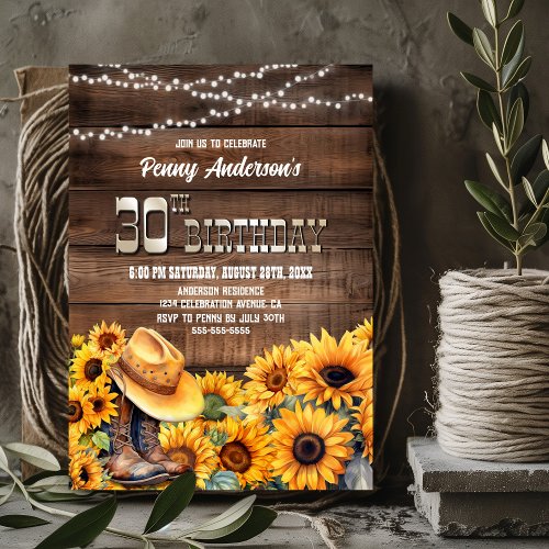 30th Birthday Party Rustic Wood Sunflower Invitation