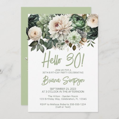 30th Birthday Party Sage Green Floral Invitation