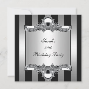 30th Birthday Party Silver Black White Stripe Invitation