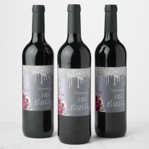 30th birthday party silver glitter drips flowers wine label