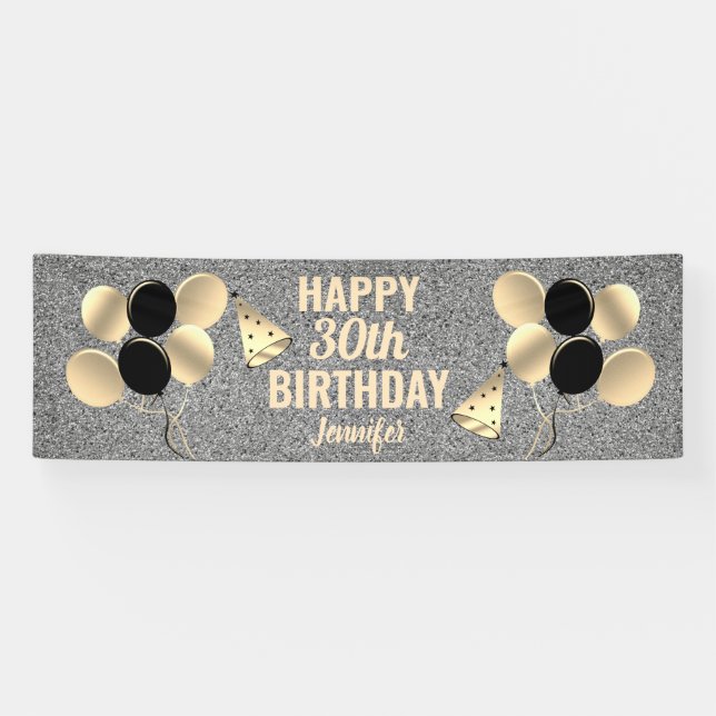 30th Birthday Party Silver Glitter Personalized Banner (Horizontal)