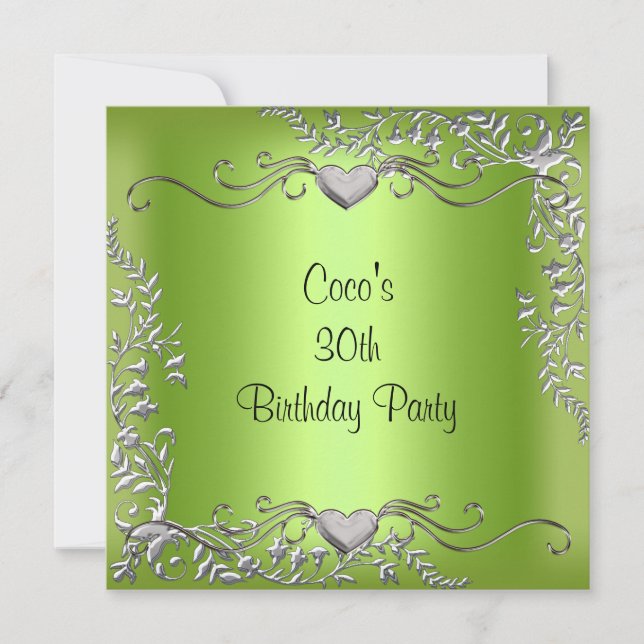 30th Birthday Party Silver Lime Green Invitation (Front)