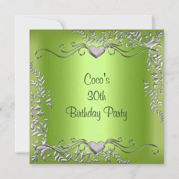 30th Birthday Party Silver Lime Green Invitation by Label_That at Zazzle