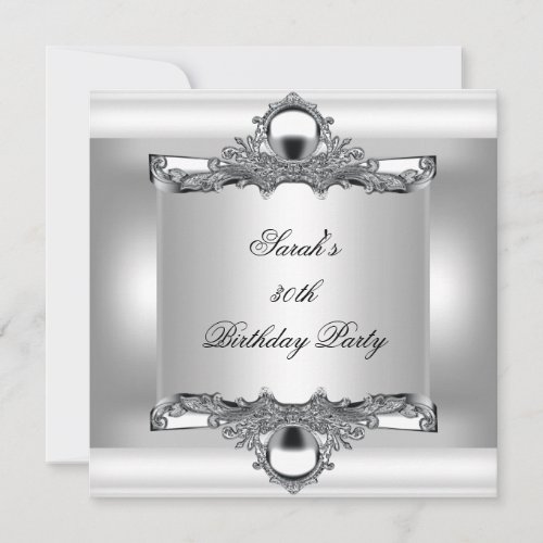 30th Birthday Party Silver Metal White Image Invitation