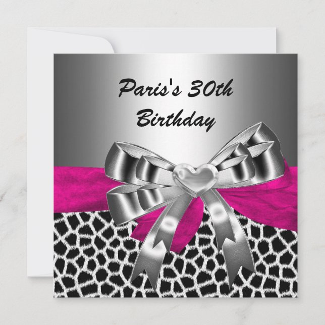30th Birthday Party Silver Pink Black Giraffe Invitation (Front)
