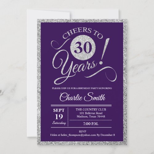 30th Birthday Party _ Silver Purple Invitation